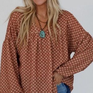Three Bird Nest Rust Printed V-Neck Peasant Tunic